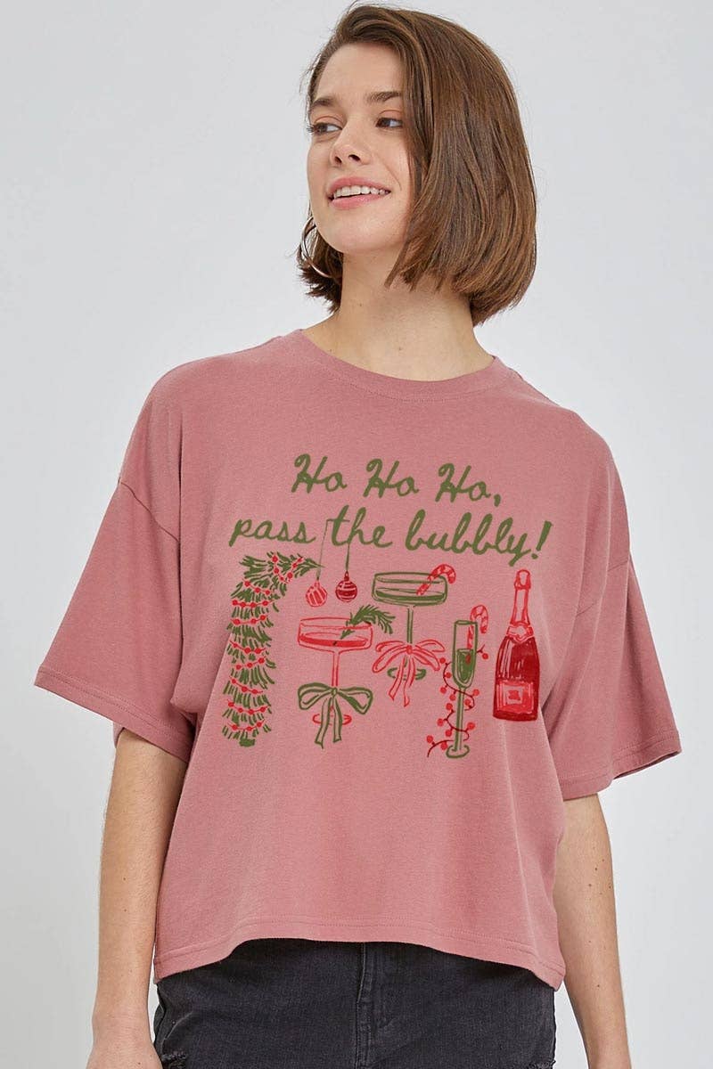 Pink Irene Wholesale - Wholesale Shirt - Women's - Pass the Bubbly Christmas Graphic Relaxed Crop Top4
