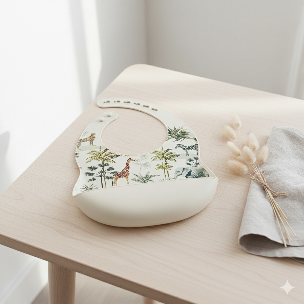 Rammelaartje - Wholesale Bib - Baby - Bestseller Silicone bib with tray Jungle - Beige6