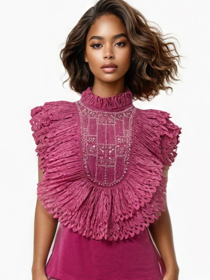 S3085 EMBLISHISHED RUFFLE TOP (PINK, WHT) for wholesale by N by Nancy