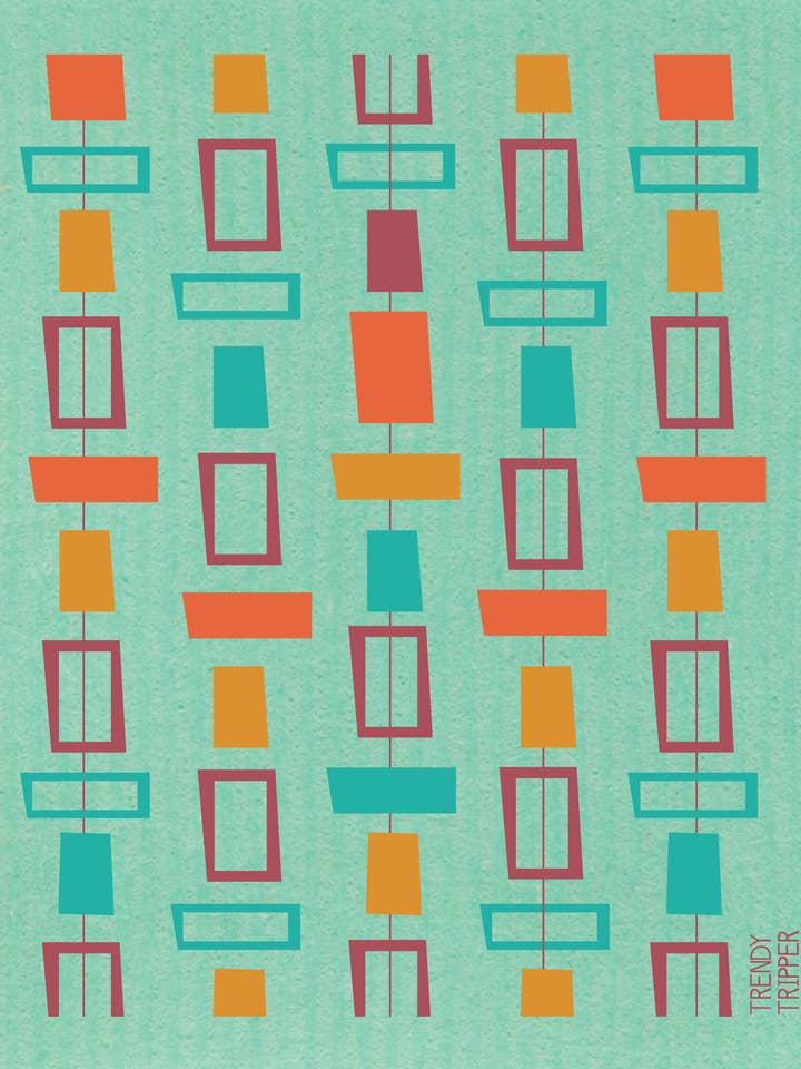 Floating Tiles Mint/Orange Swedish Dishcloth on Green for wholesale by Trendy Tripper