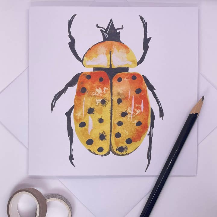 Elizabeth Amy Art – wholesale Everyday greeting card – Yellow Beetle Greetings Card Insect Watercolour Blank Card1
