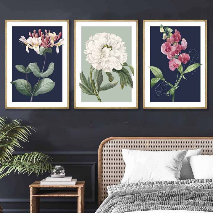 Vintage Flowers Blue and Green Set of 3 Wall Art Prints for wholesale by Artze Wall Art
