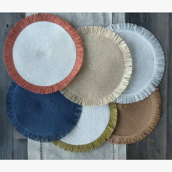 Fennco Styles - Vente Sets de table - Set de sets de table ronds tissés à la main avec franges, diamètre 38 cm25
