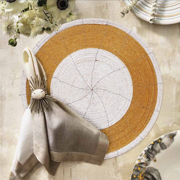 White Gold Handmade Beaded Placemats Round Dining Set of 4 for wholesale on Faire