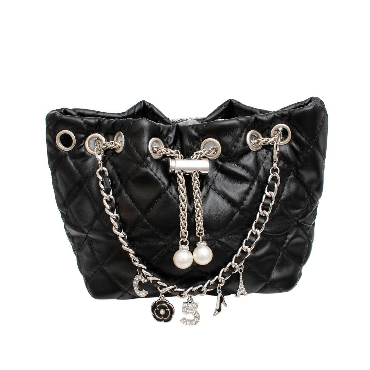 Mini Bucket Black Quilted Silver Camellia Luxe Bag for wholesale on Faire0