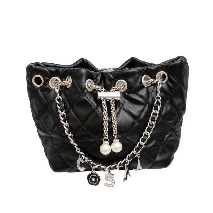 Mini Bucket Black Quilted Silver Camellia Luxe Bag for wholesale on Faire