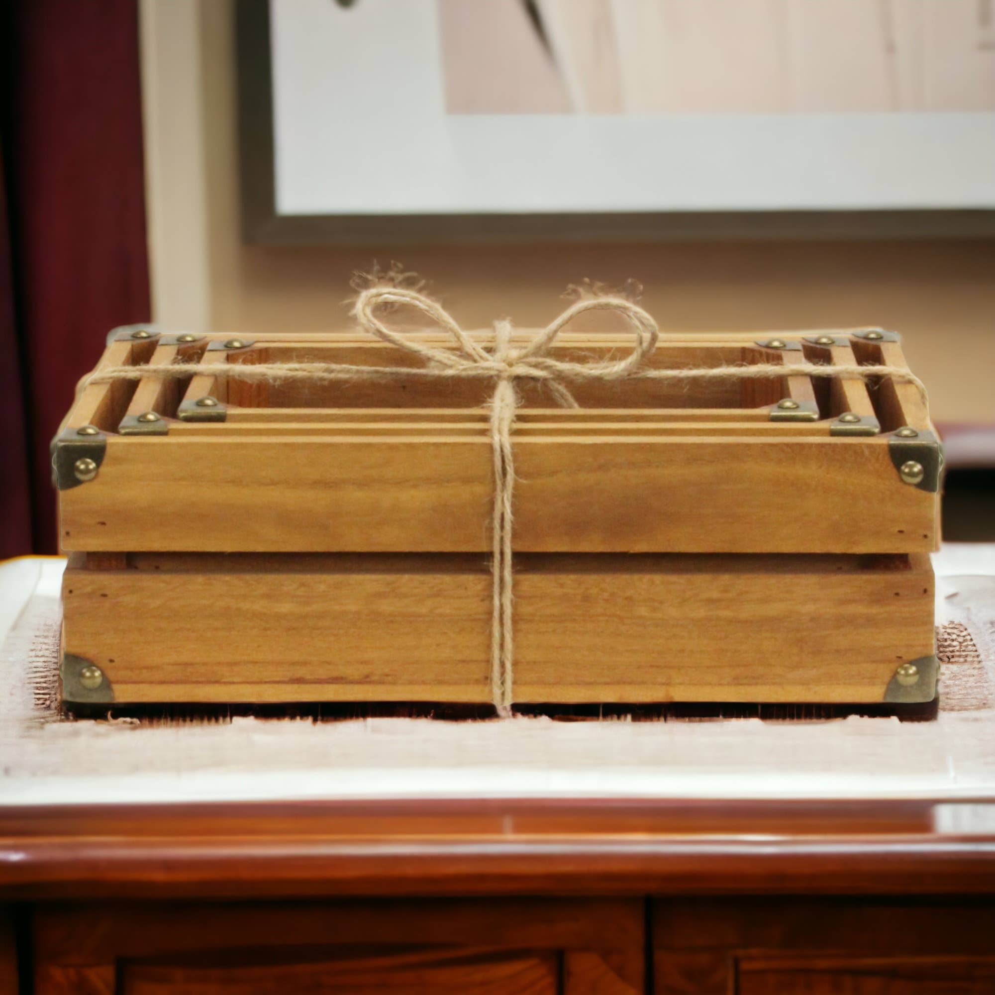 Cheungs Home Decor – Großhandel Dekoschachteln – Rustikales, rechteckiges Holzkisten-Set mit Nieten und Nieten21