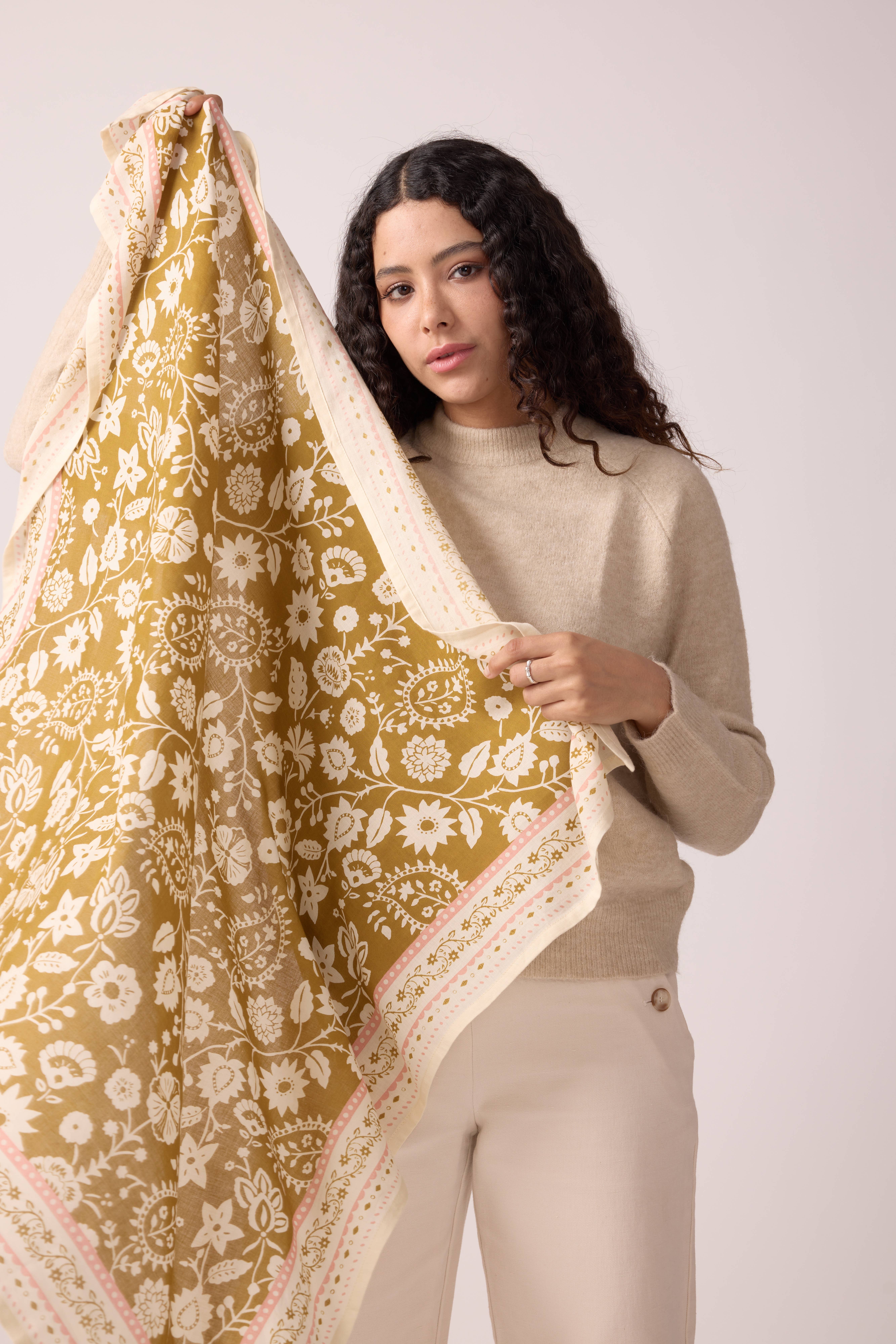 Maradji - Venta al por mayor Pañuelo para la cabeza - Mujer - Pañuelo de sarga de algodón color bronce con estampado indio5