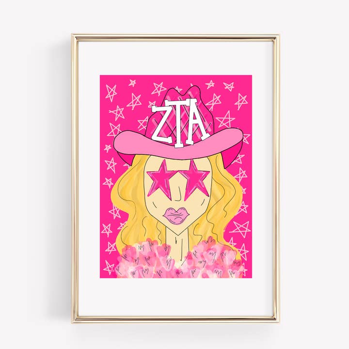 Zeta Tau Alpha - CUSTOMIZABLE Pink Funky Cowgirl - PRINT for wholesale by Made By Marissa Art