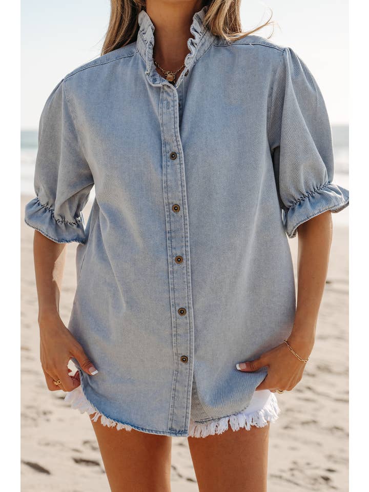 Beau Blue LDC Ruffle Short Puff Sleeve Summer Chambray Shirt for wholesale on Faire