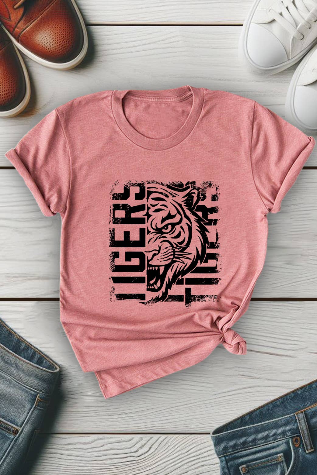 Top Avenue - Vendita all'ingrosso Maglietta stampata - Unisex - T-shirt unisex con scollo tondo con tigre invecchiata5