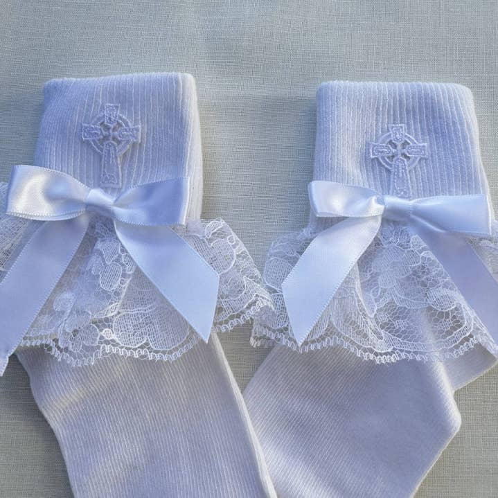 Girl's First Communion Socks w/ Celtic Cross for wholesale by Simply Charming