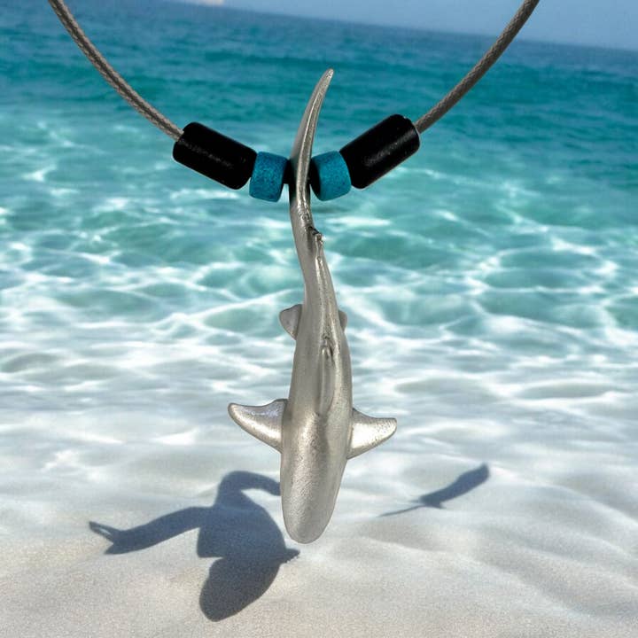 Pewter Reef Shark/ Blk Cord W/Beads for wholesale by Big Blue by Roland St John