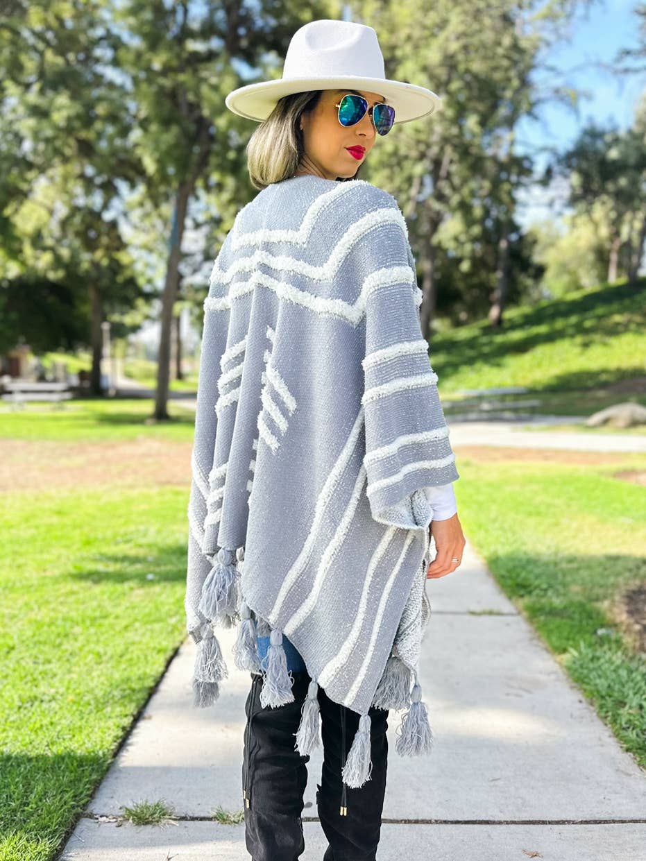 Grey Western Textured Pattern With Chunky Tassel Cardigan for wholesale on Faire6