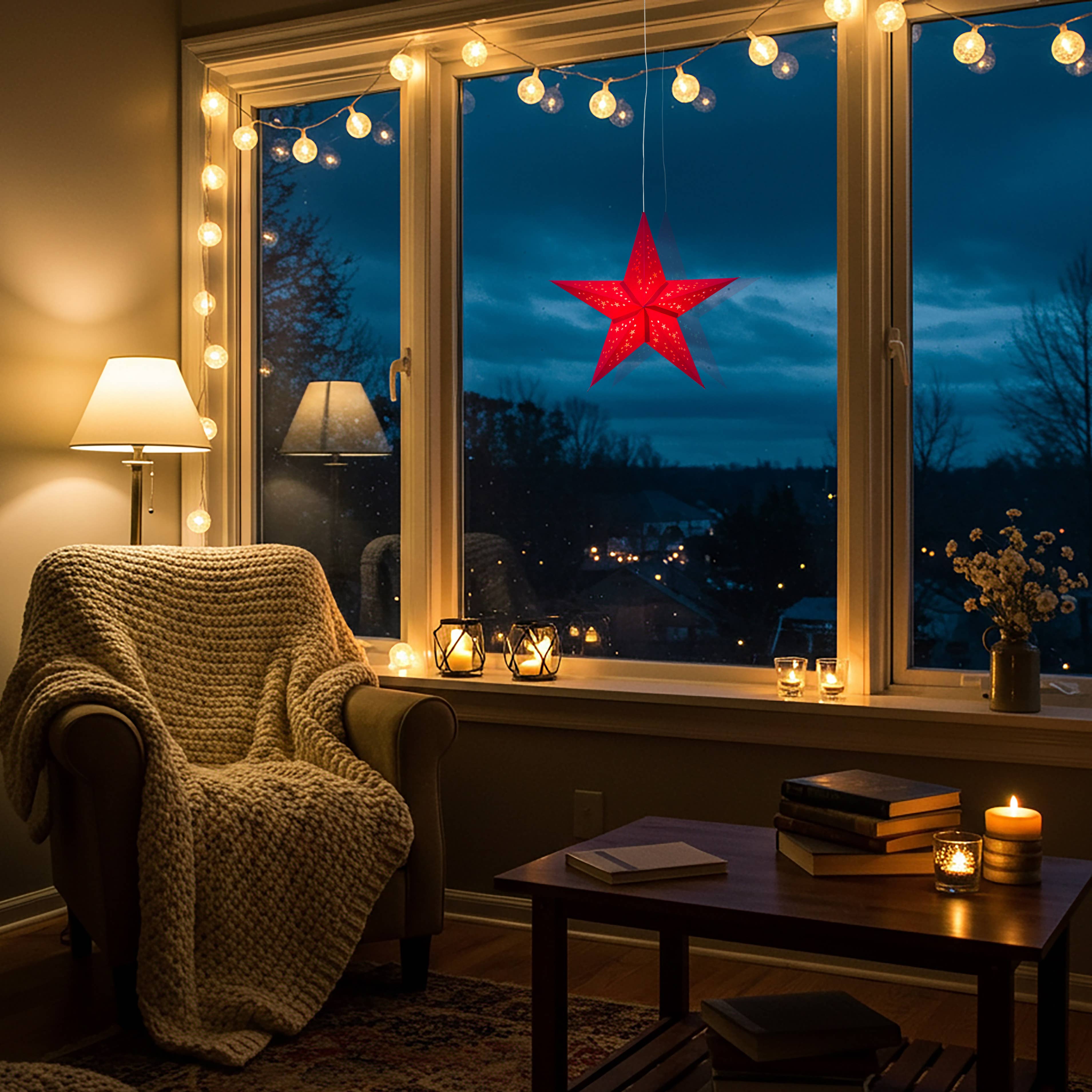 Artschatz LLC – wholesale Paper lantern/lamp – Twinkle Star ~ 5 Pointer, 15", Red Paper Star Lantern Light1