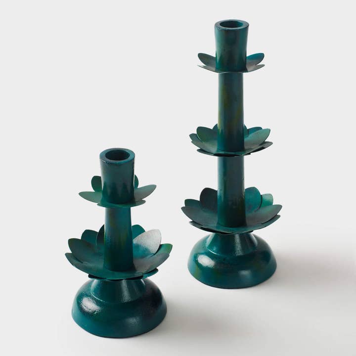 Lotus Bloom Tapered Green Candleholders for wholesale by Mela Artisans