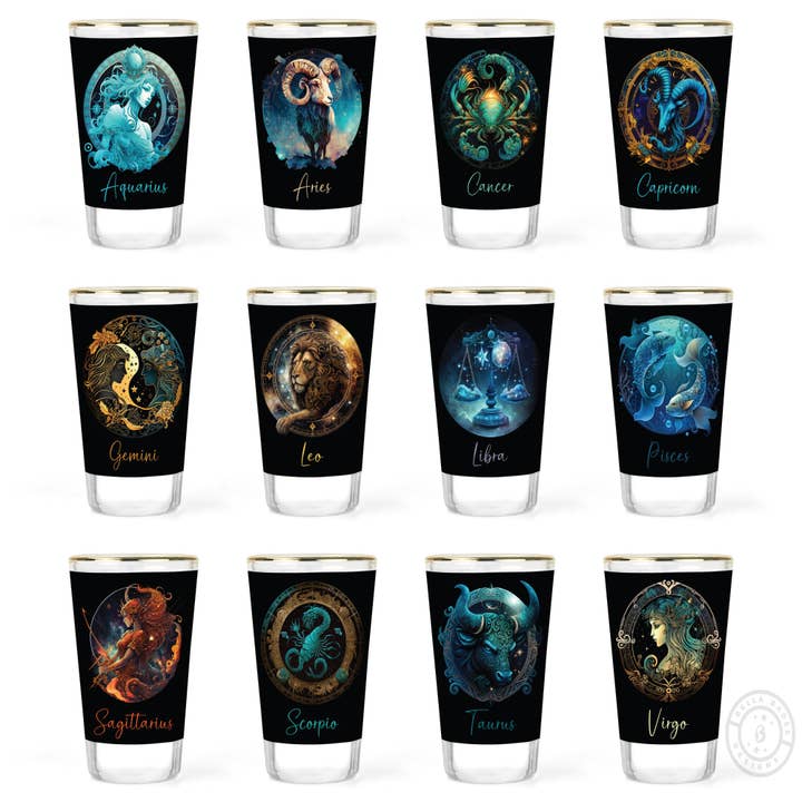 Zodiac Shot Glasses - Horoscope Gifts - Astrology Barware for wholesale by Bella Badge Designs