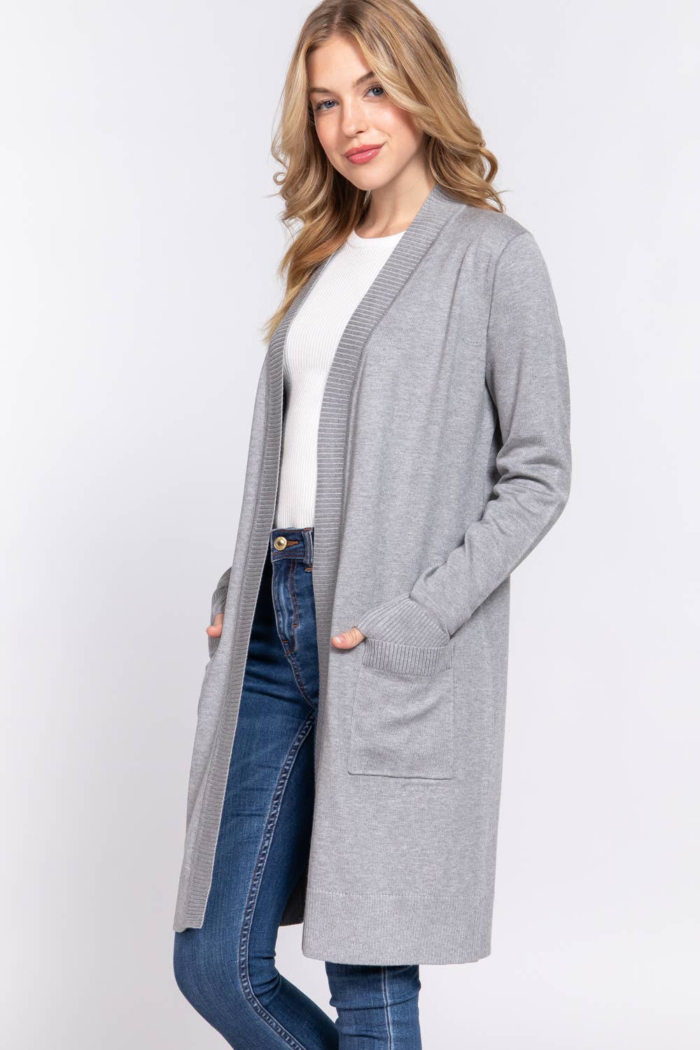 Active Basic | Active USA - Vendita all'ingrosso Cardigan - Donna - Cardigan tunica aperto a costine con maniche lunghe e banda2