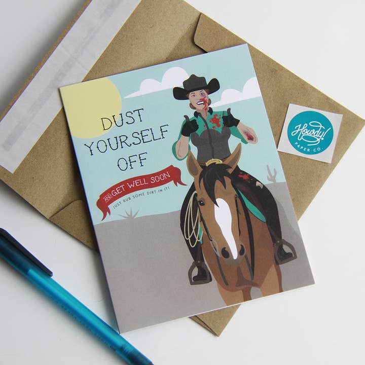 Hunt Seat Paper Co. - Vendita all'ingrosso Biglietti di auguri di pronta guarigione - Guarisci presto - Salve! - Biglietto di auguri Cowgirl Rodeo