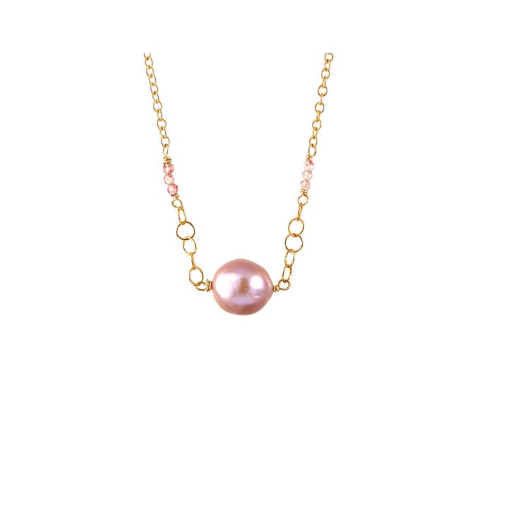 Alicia Van Fleteren Jewelry Design - Wholesale Pendant/Charm Necklace - N-3923 SINGLE PINK PEARL, STRAWBERRY QUARTZ GOLD NECKLACE