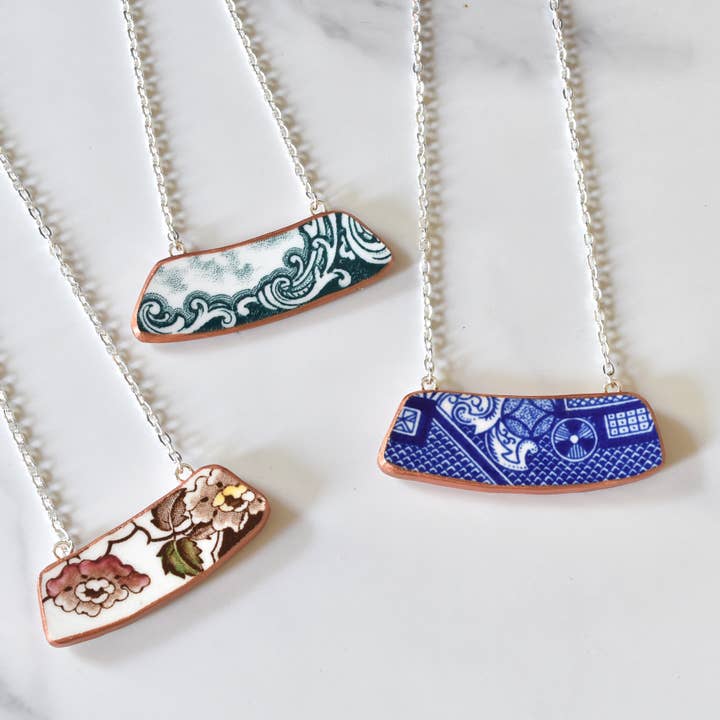 Broken Plate Rim Horizontal Necklace for wholesale by The Broken Plate Pendant Co