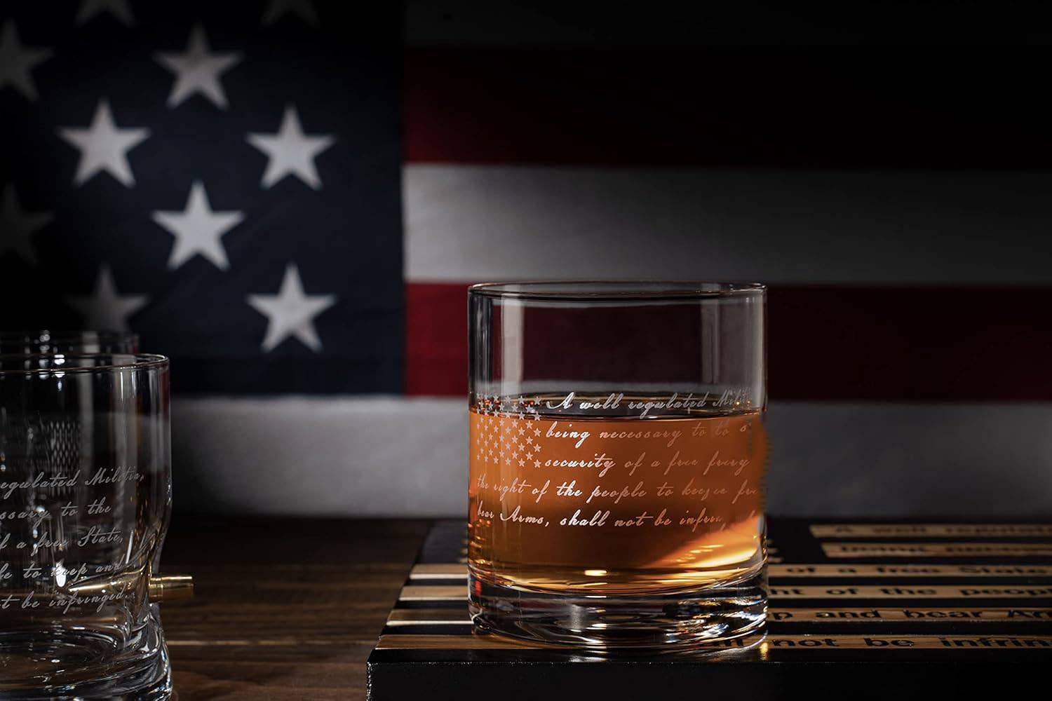The Wine Savant /  Khen Glassware - Wholesale Cocktail/Liquor Glass - 2nd Amendment Whiskey Glasses With Flag Base Set1