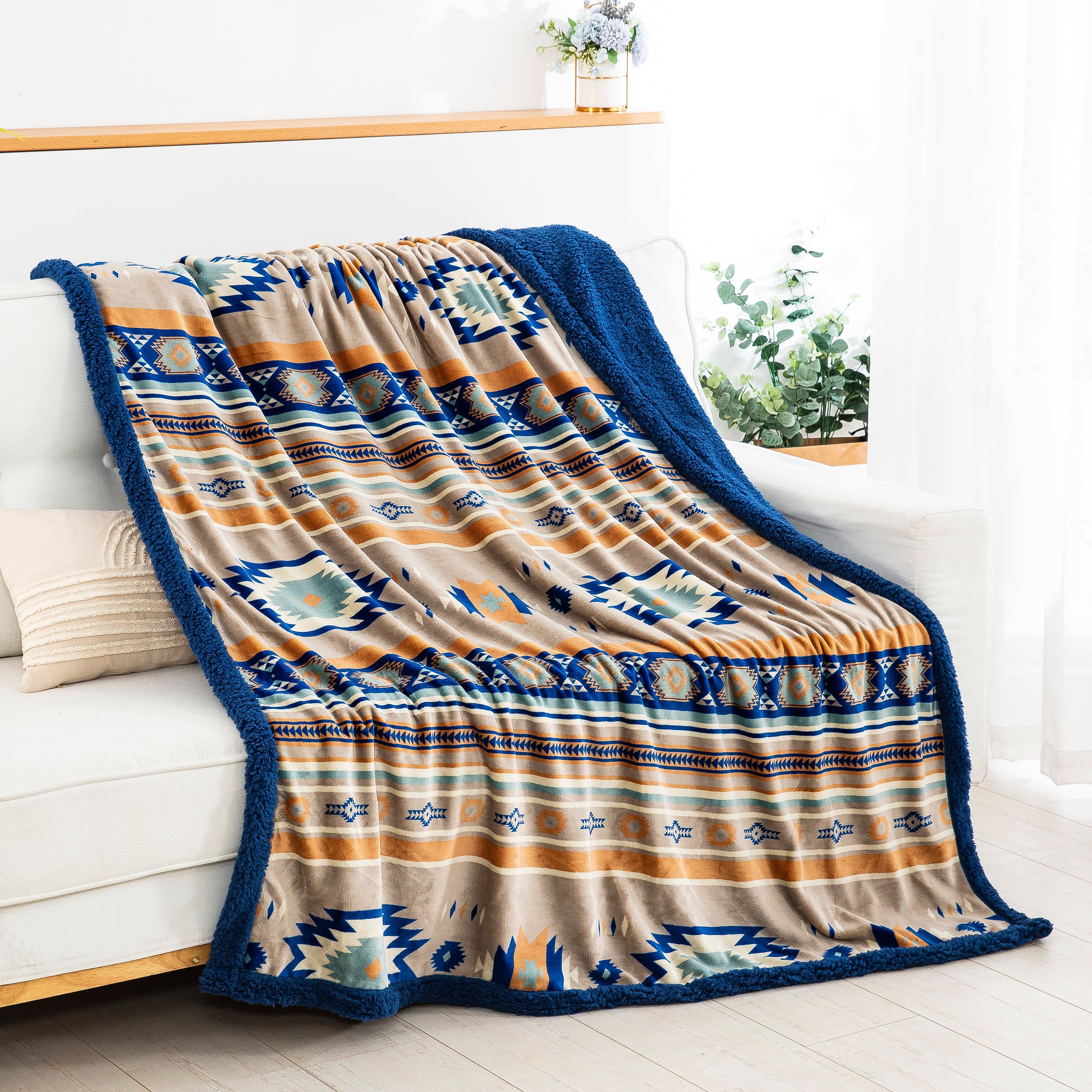 Linen Mart - Wholesale Throw Blanket - Stella Aztec Sherpa Line Throw  Blanket2