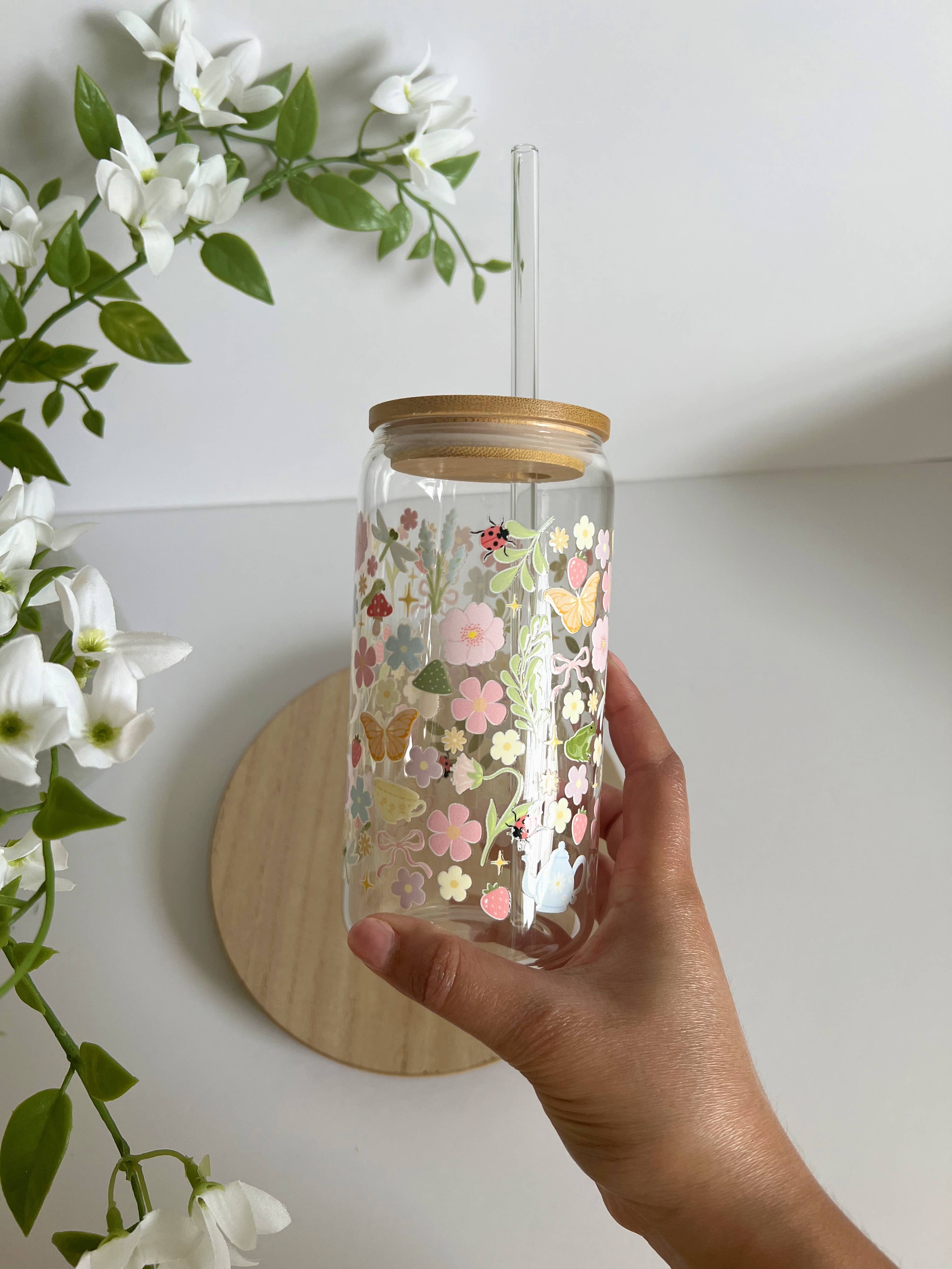 Birdie & Co. - Vente Verre/tasse - Verre en forme de canette Cottage Core, Verre à café glacé Jardin de printemps3