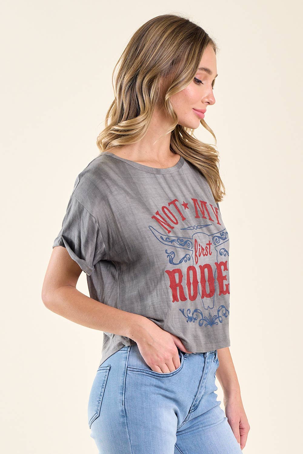 Saints & Hearts - Wholesale Screen Printed T-Shirt - Women's - ST3638K CHARCOAL NOT MY FIRST RODEO GRAPHIC TEE4