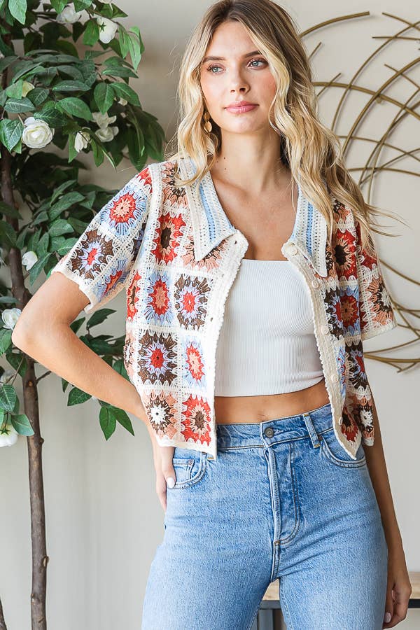 miroh - Vente Haut en maille – femme - Haut boutonné en crochet à motif floral1