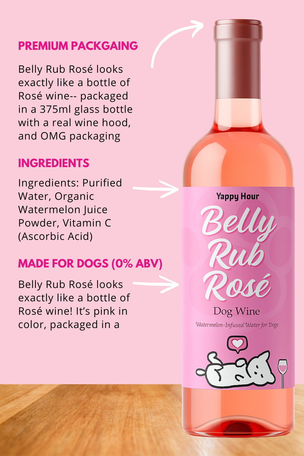 Yappy Hour - Wholesale Pet Treats - Dog - Belly Rub Rosé Dog Wine | 6ct | Watermelon4