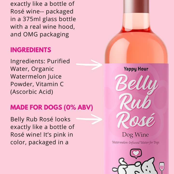 Yappy Hour - Wholesale Pet Treats - Dog - Belly Rub Rosé Dog Wine | 6ct | Watermelon4