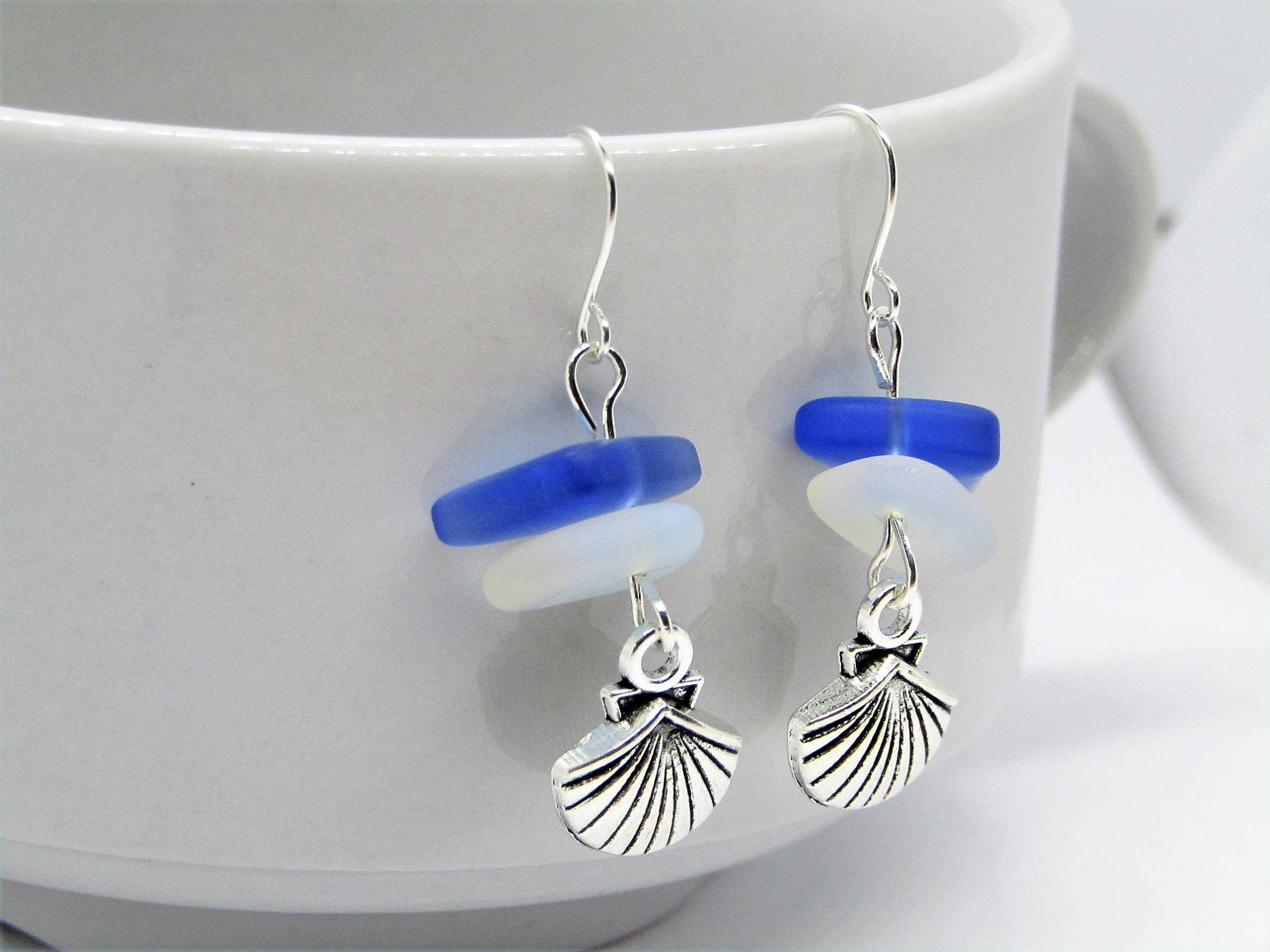 Bad Apple Designs - Wholesale Dangle Earrings - Frosted Sea Glass Earrings with Moonstone & Sapphire1