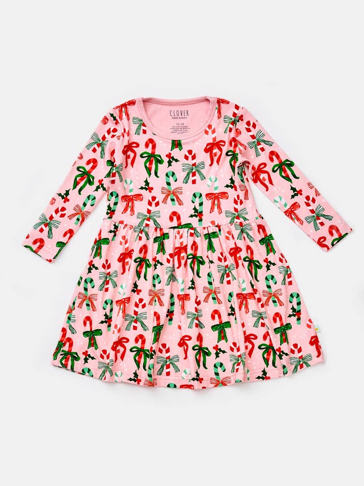 Stretchy Long Sleeve Twirl Dress - Candy Canes for wholesale by Clover Baby & Kids