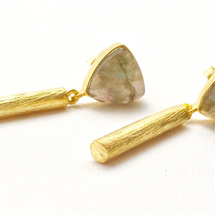 Trillion Bar Earrings Gold - Labradorite for wholesale by Wolf People Jewelry Design