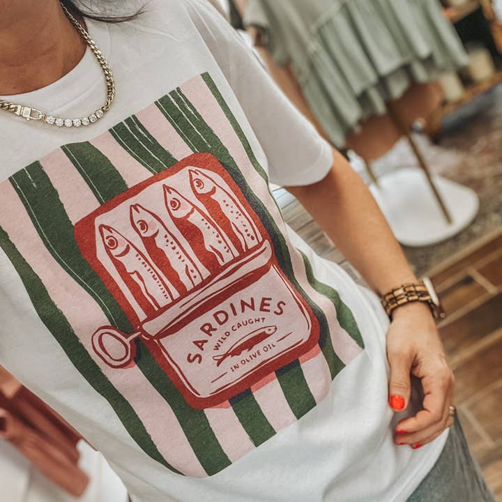 Stripe Sardines Graphic Tee | Summer Tee for wholesale by Amy Anne Apparel Inc