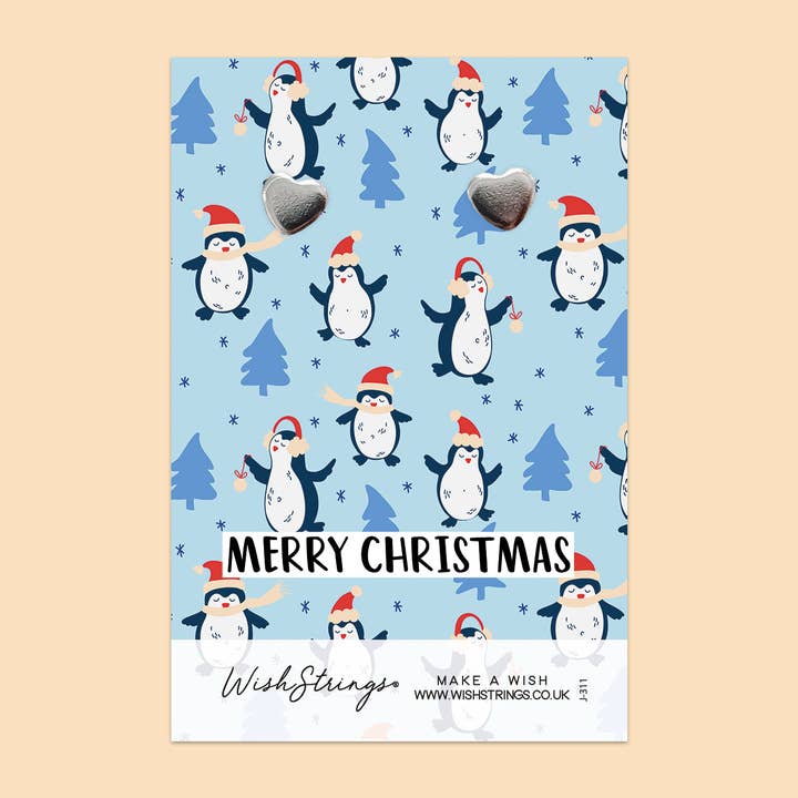 WishStrings - Wholesale Stud/Post Earrings - CHRISTMAS PENGUIN - Heart Stud Earrings | J311