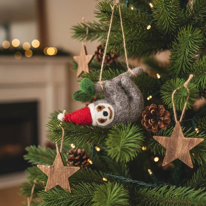 Handmade Felt Christmas Sloth Tree Hanging Decoration for wholesale by Felt So Good