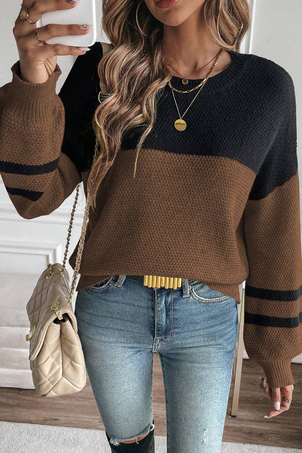 Lovesoft – wholesale Knitted jumper – Women′s – Dark Brown Color Block Knit Striped Sleeve Detail Casual Sweater2