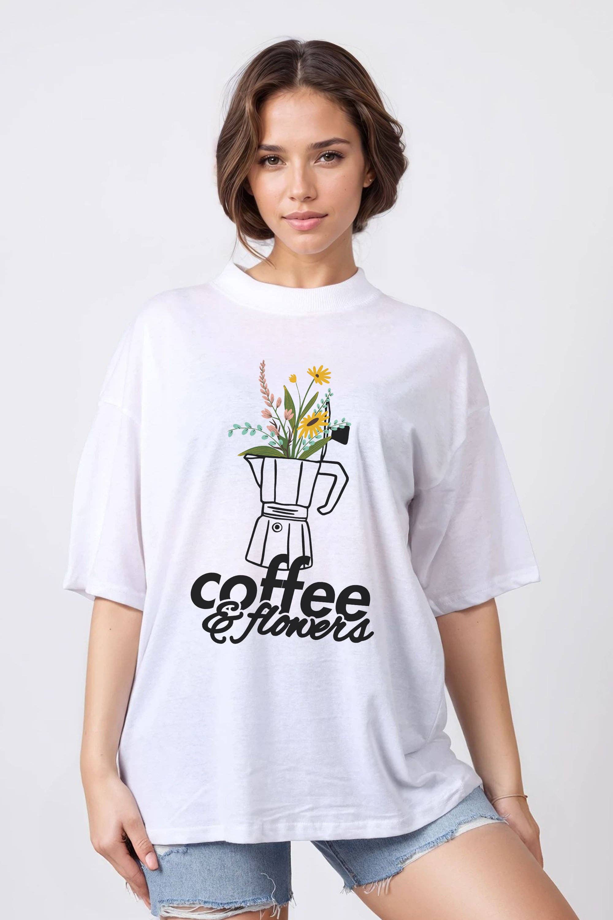 White Women 150GSM Oversized T-Shirt in Coffee and Flowers Print for wholesale on Faire0