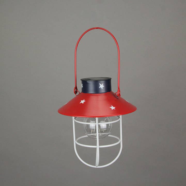 Zeckos - Wholesale Lantern - Rustic Metal Red, White, and Blue LED Hanging Solar Lantern