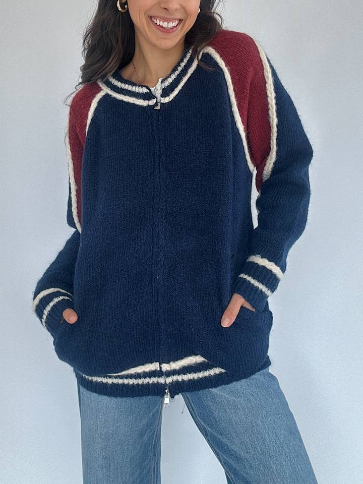 DARKBLUE Color-blocking patchwork woolen zipper jacket for wholesale on Faire1