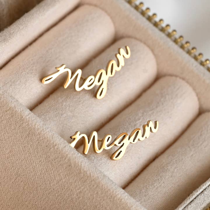 Blueyejewelry - Wholesale Stud/Post Earrings - Custom Name Earrings- 18k Gold Personalized Name Studs