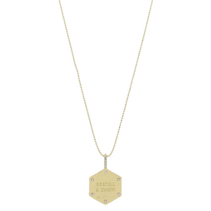 16" Gold Hammered Hexagon with "BE STILL & KNOW" Necklace for wholesale by Jane Marie