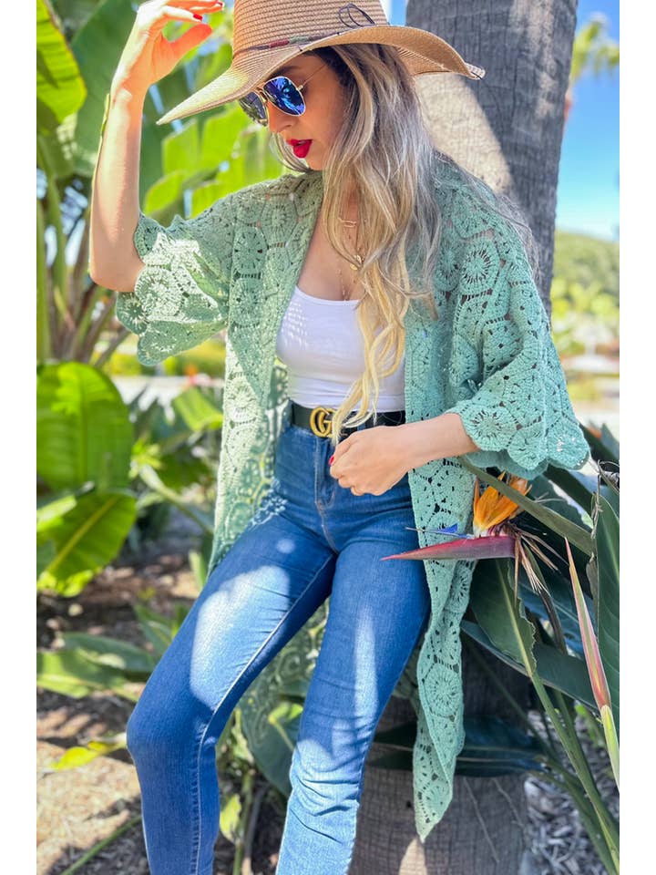 Salvia Sage sexkantig virkad 3/4 ärm Maxi Kimono Cardigan för wholesale på Faire1