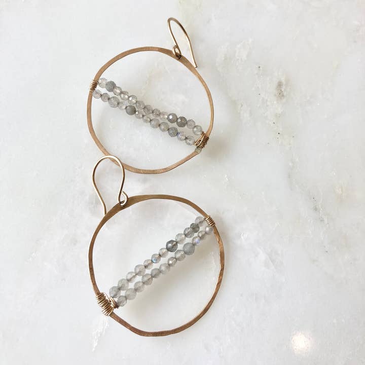 Hoop earrings with gemstone center for wholesale by Emily Gibbons Jewelry