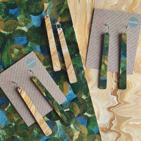 Reversible Paddle Recycled Paper Earrings - Green, Blue & Gold / Tan for wholesale by Kami-so