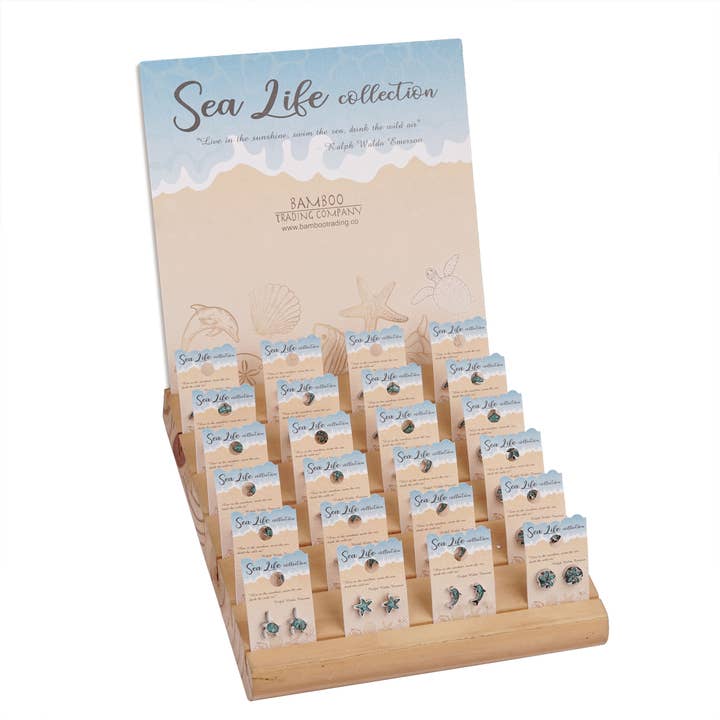 Assortimento di orecchini della collezione Sea Life per la vendita all'ingrosso da parte di Bamboo Trading Company