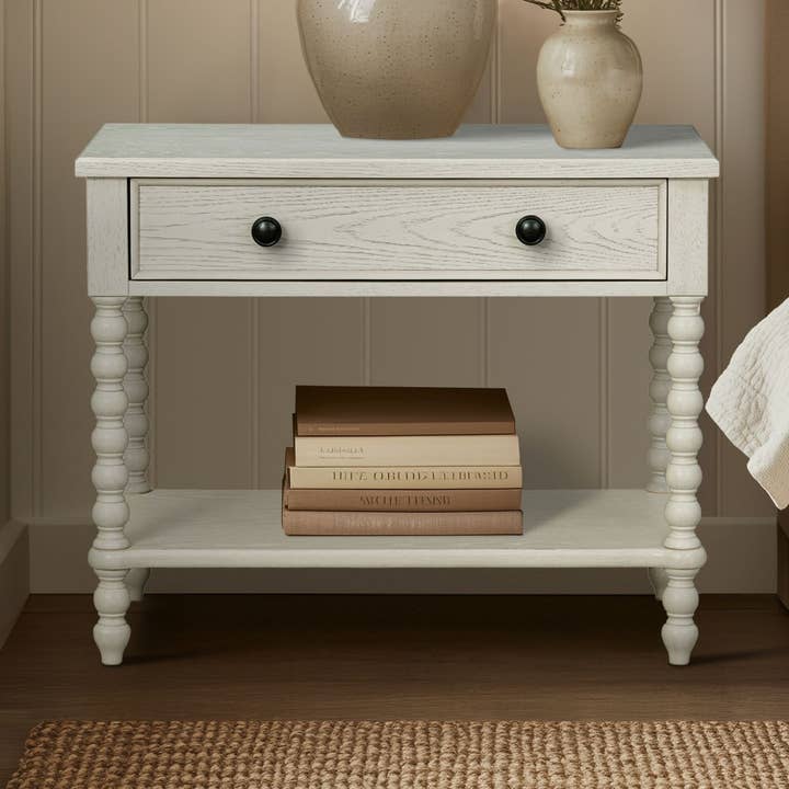 26"H Large Turned Wood Spindle Nightstand, Antique Cream for wholesale by Olliix