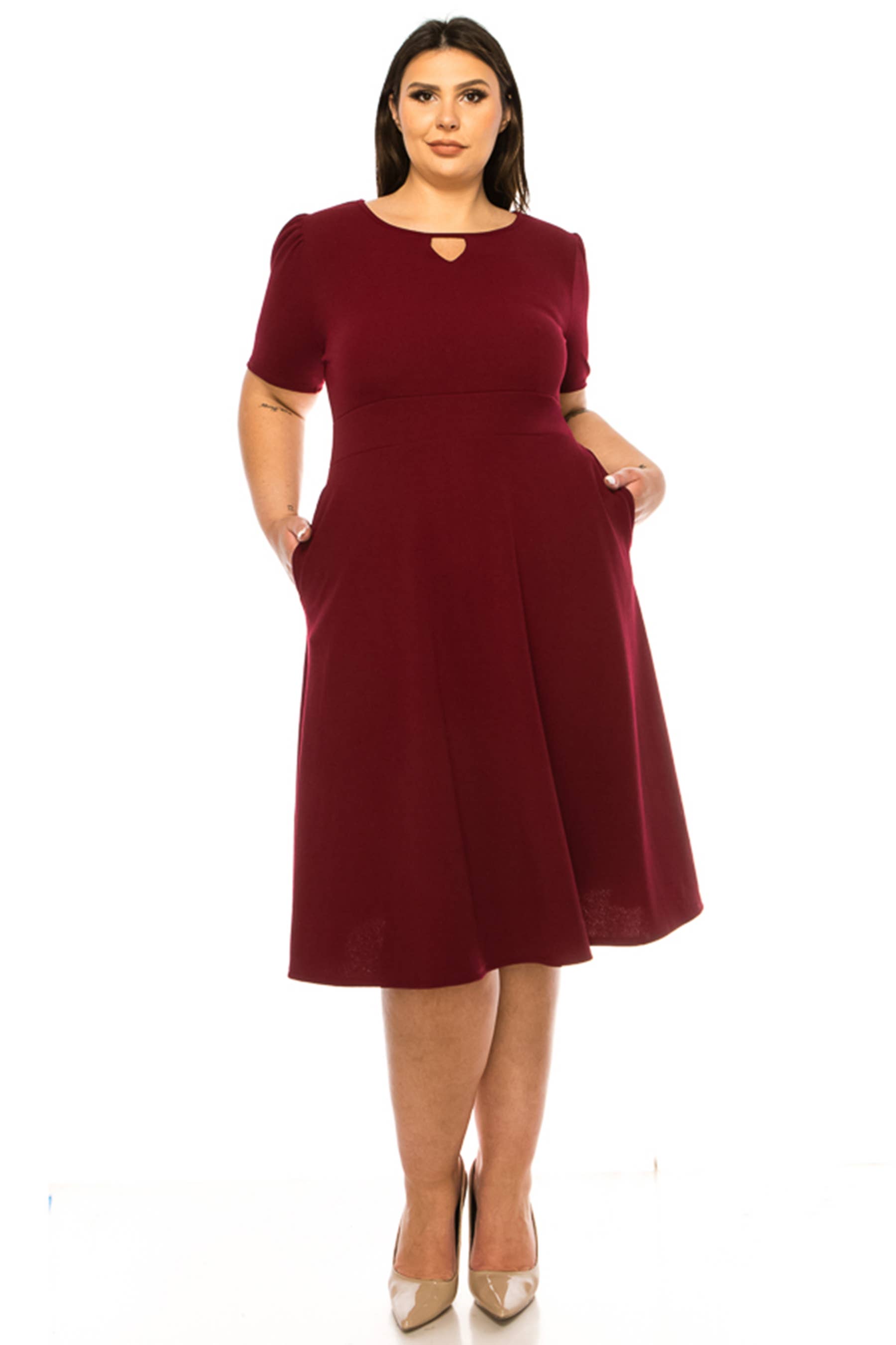 MOA COLLECTION - Wholesale Dress - Women's - Women's Plus Size Dress with Puff Sleeves and Keyhole Front8